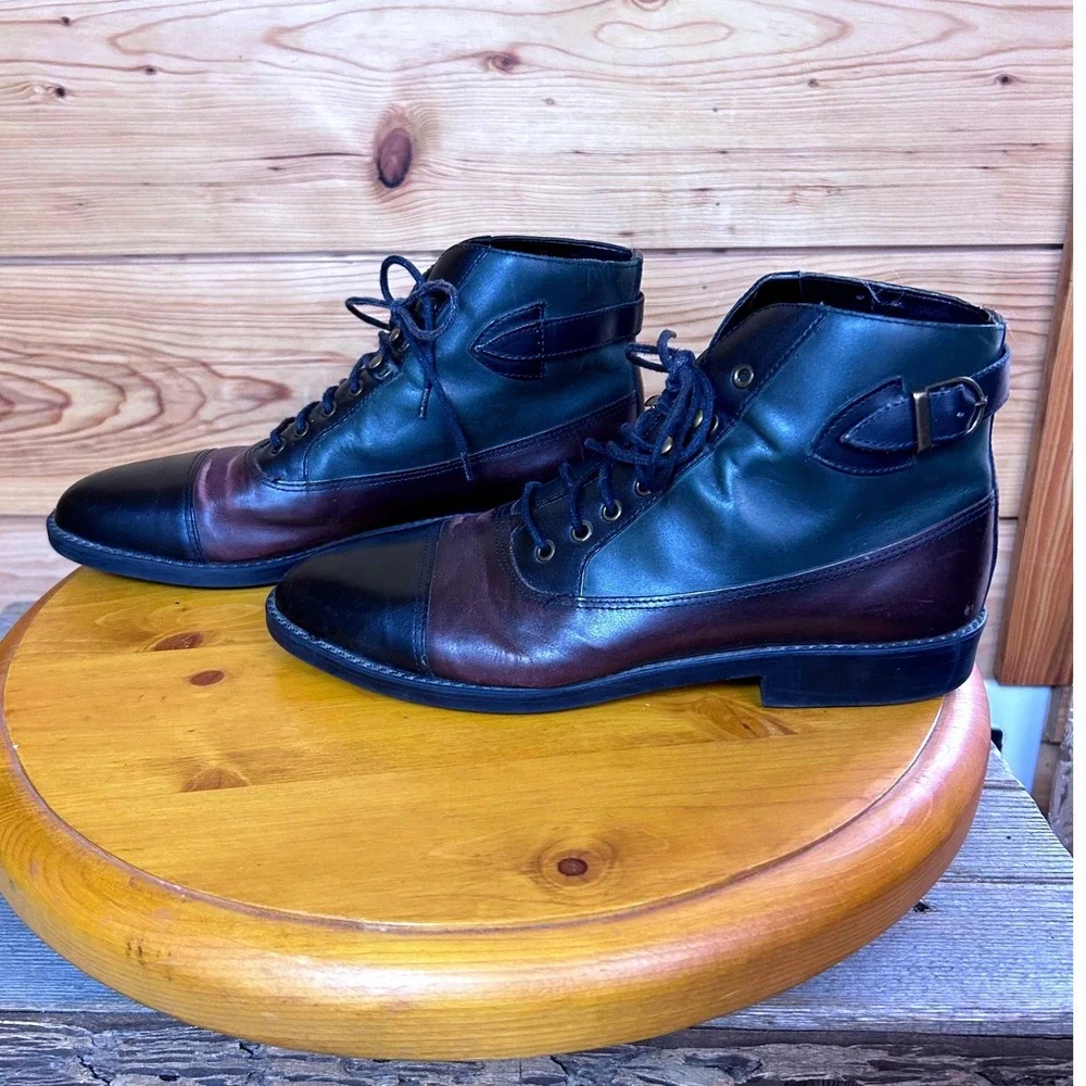 Vintage Tri-Color Leather Lace Up Ankle Boots Made in Brazil Green Burgundy 9M - Picture 3 of 9